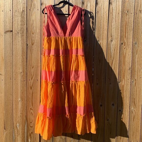 Take 50% OFF- LDT Women’s V-neck Maxi Orange and Pink Color Block Dress, Size-8 - Picture 5 of 13